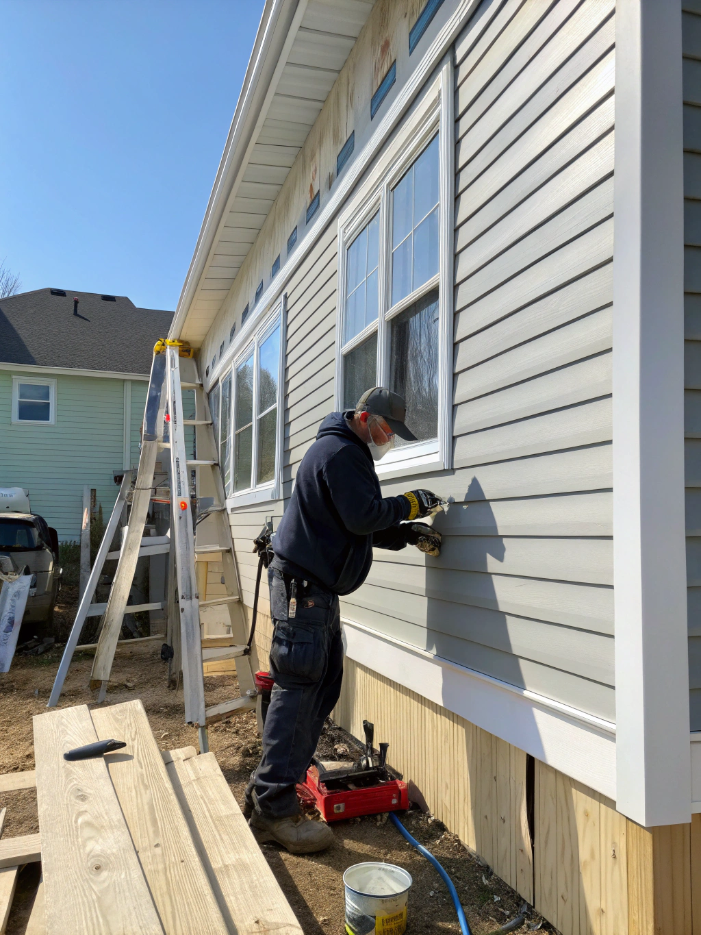 Technician installing new siding on a residential property exterior