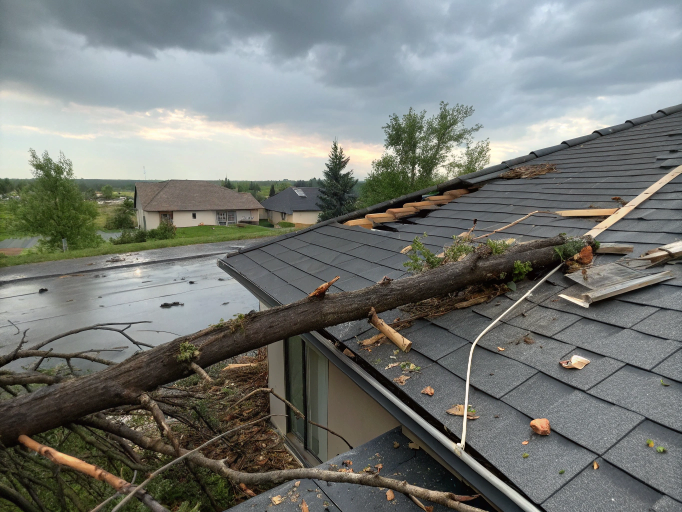Commercial office roof with wind damage after storm