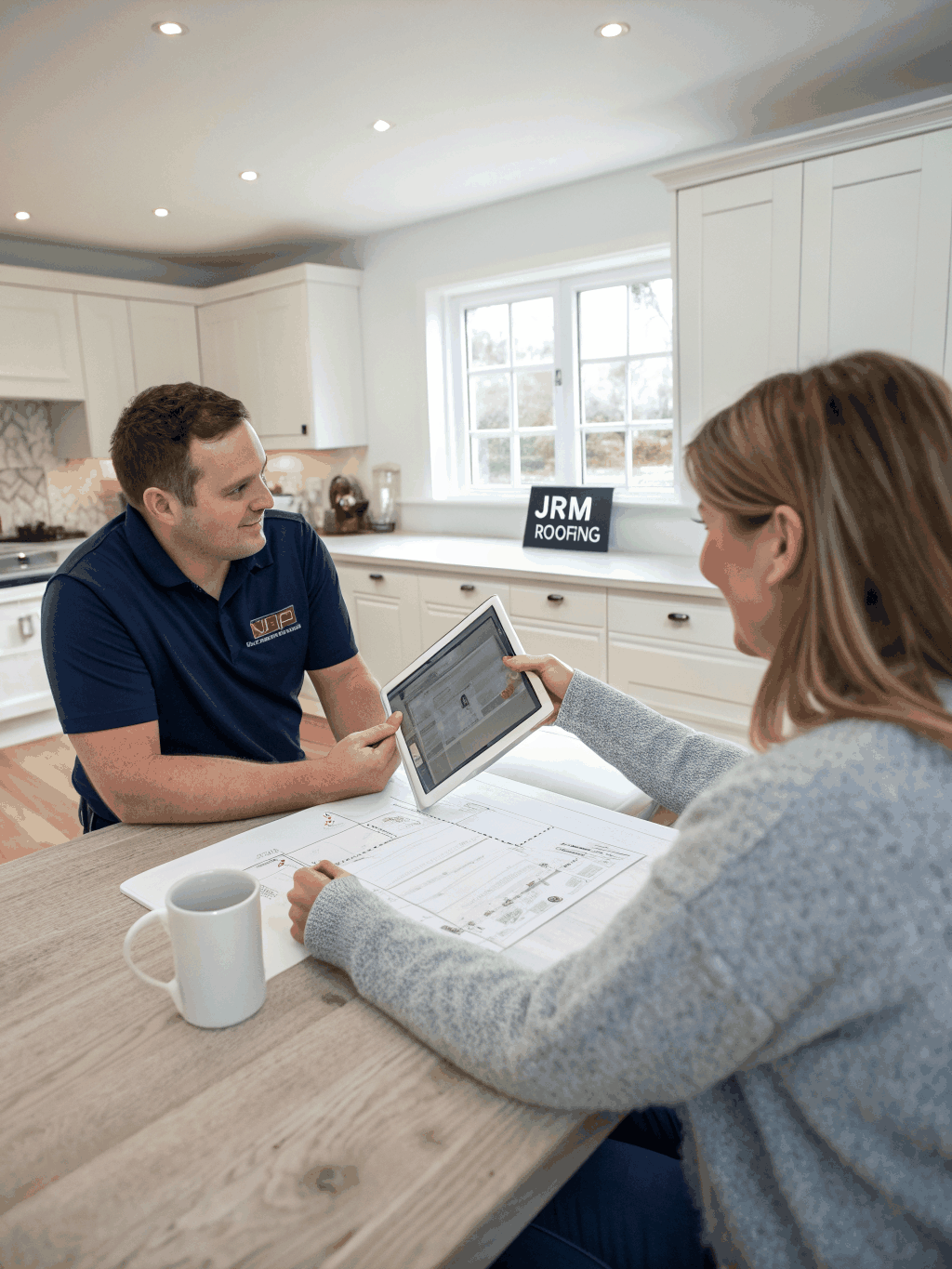 Roofing consultant reviewing project details with a homeowner