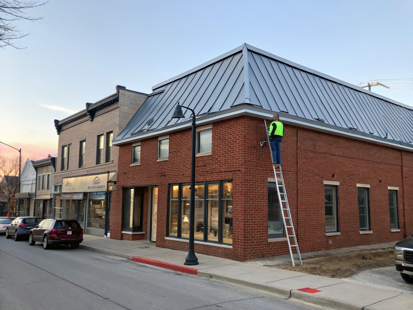 Aerial view of standing seam metal roof on commercial building
