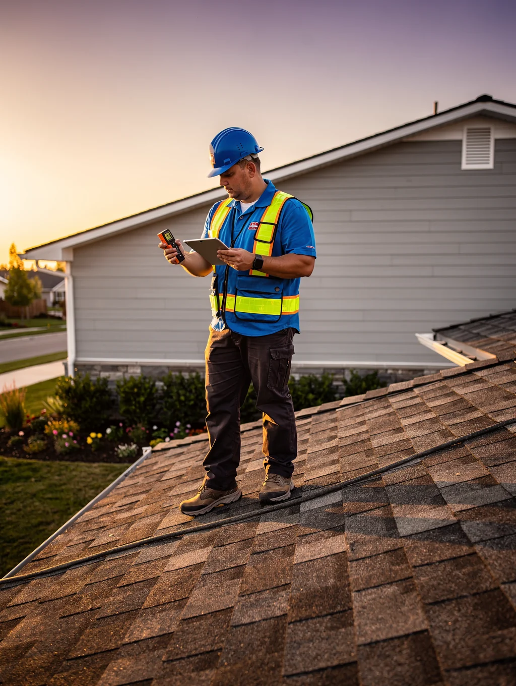 Roofing specialist inspecting a roof for potential leaks and damage