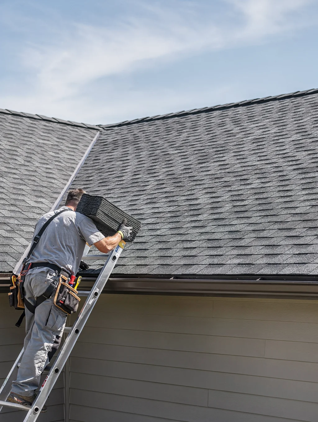 Architectural shingle roof installation on a suburban home