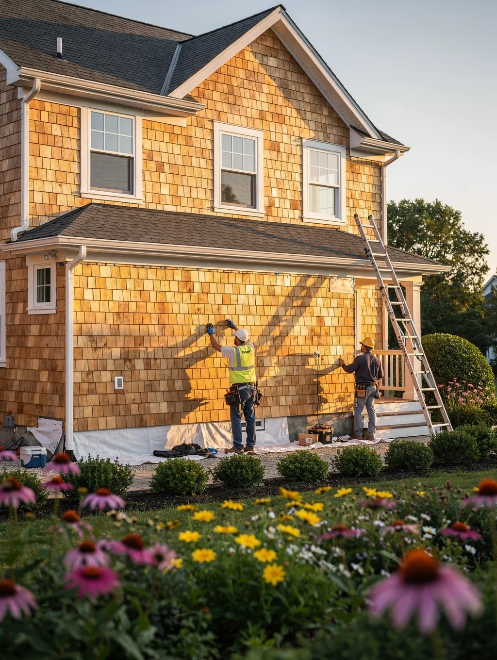 Cedar shake siding installation on a traditional home