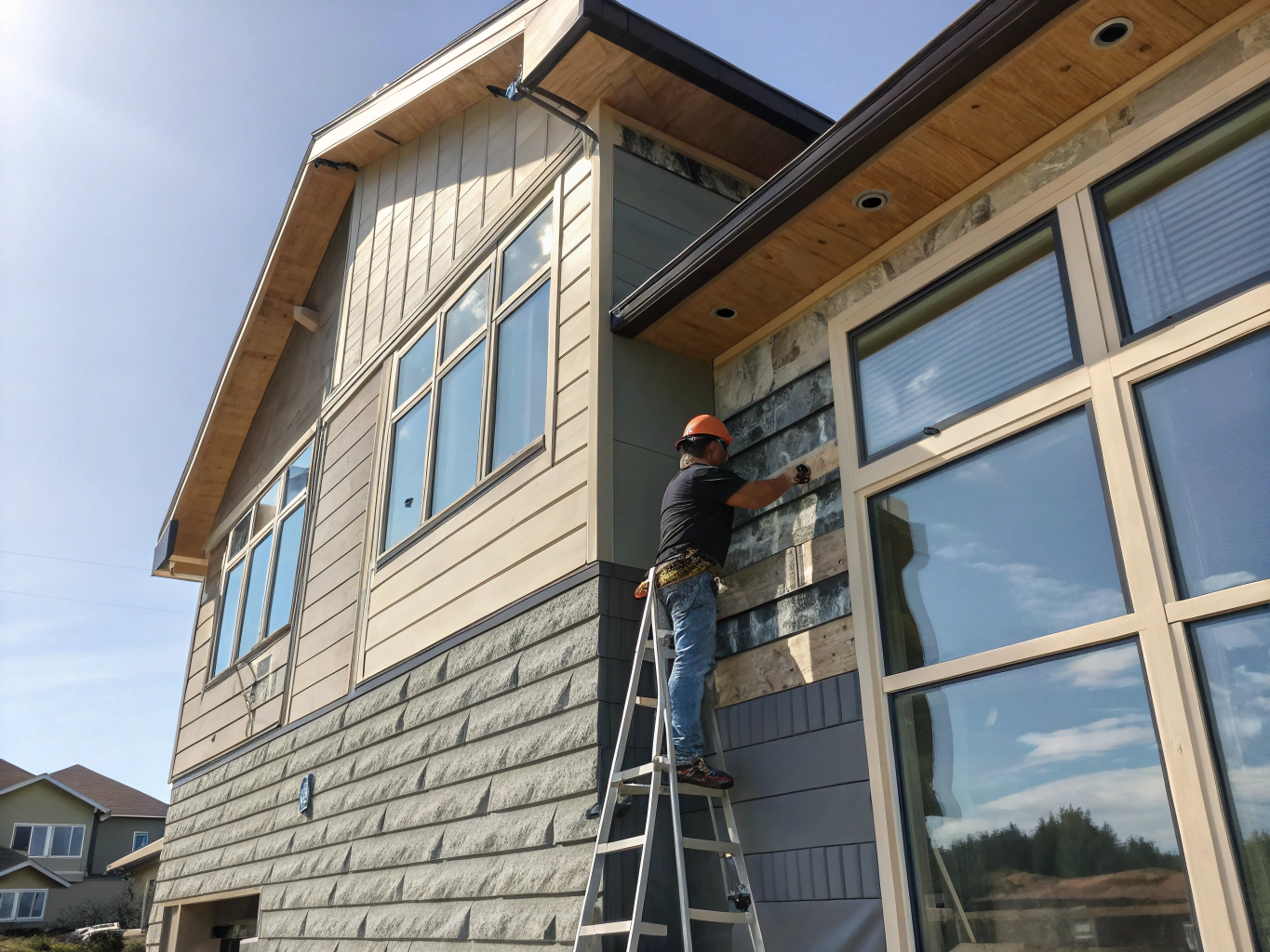Fiber cement siding installation on a modern home exterior