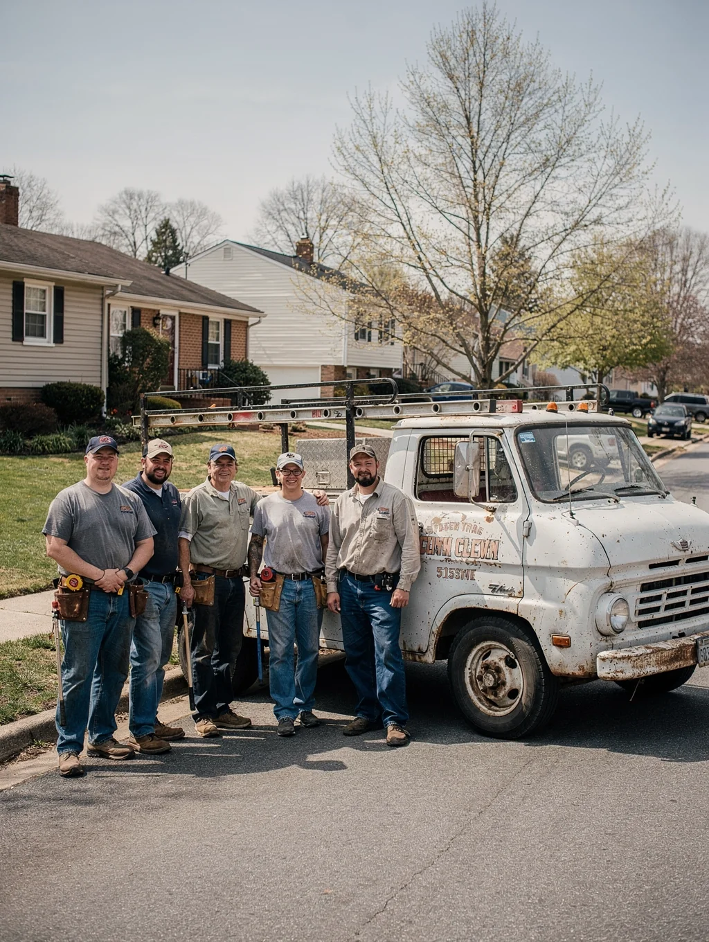Early SKYCON Roofing crew standing beside the first service truck in 2010